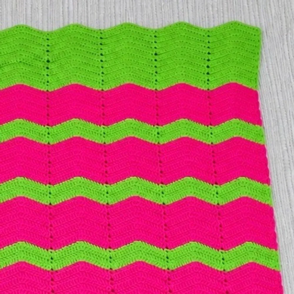 Handmade Crochet Blanket Unisex 49x68 Pink Green Chevron Ripple Afghan